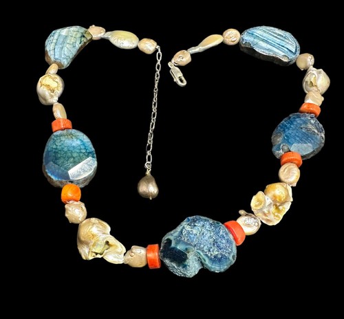 Sterling Silver Multi Gemstone Necklace Blue Fossil Coral Baroque Pearl Beads - Picture 6 of 7