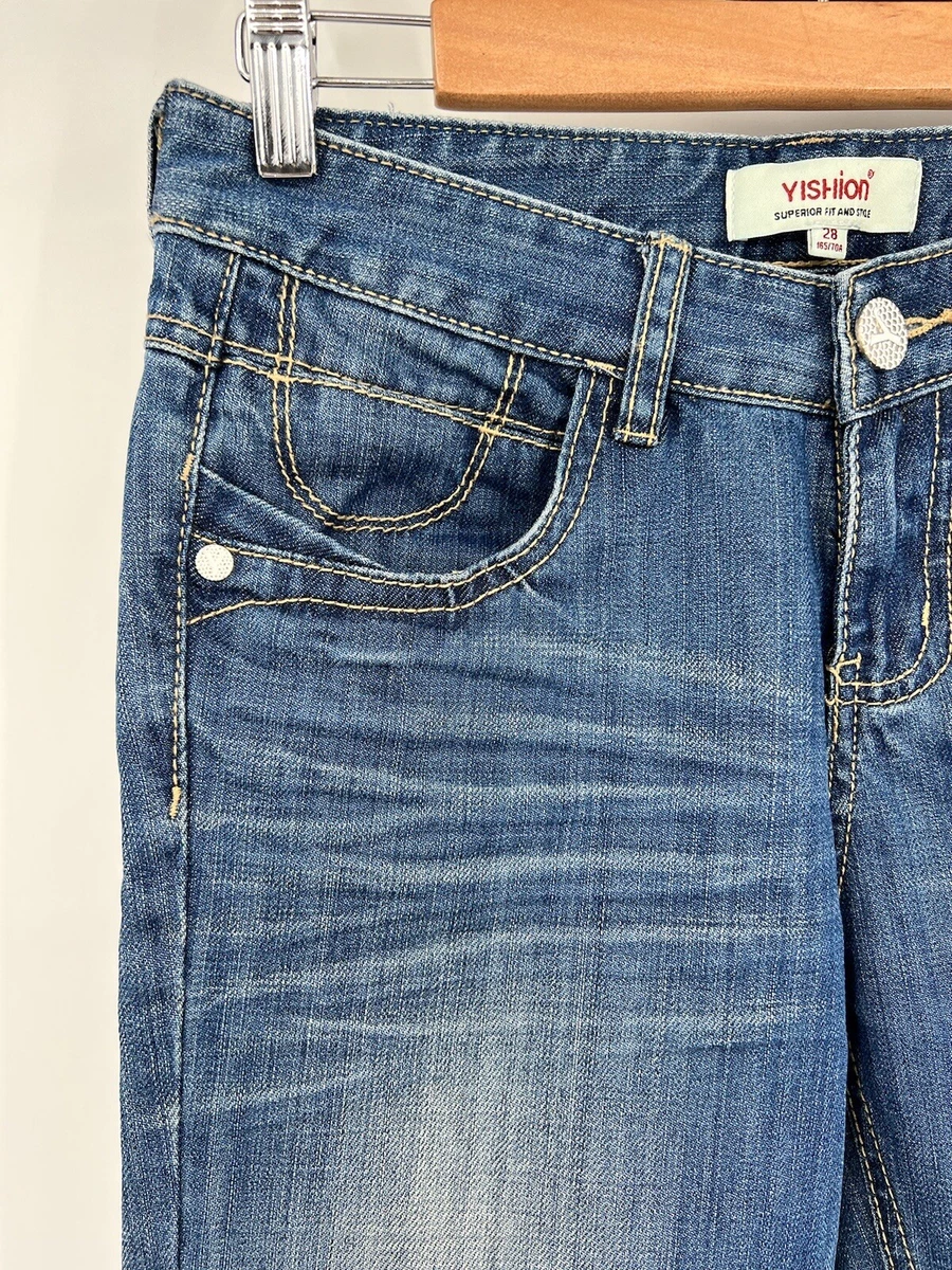 yishion Women s jeans Size 28 Distressed Heavy Cotton Blue Denim Mid Rise Pants