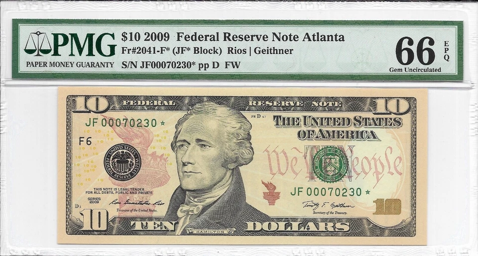 2009 $10 ATLANTA * STAR * ⭐️ FRN. PMG GEM Uncirculated 66 EPQ Banknote. SCARCE - Image 2 of 3