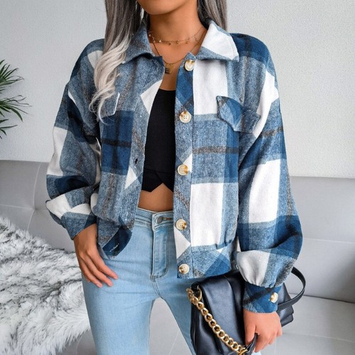 Lady Crop Plaid Coat Shirt Jacket Top Casual Button Down Retro Long Sleeve Basic - Picture 5 of 29