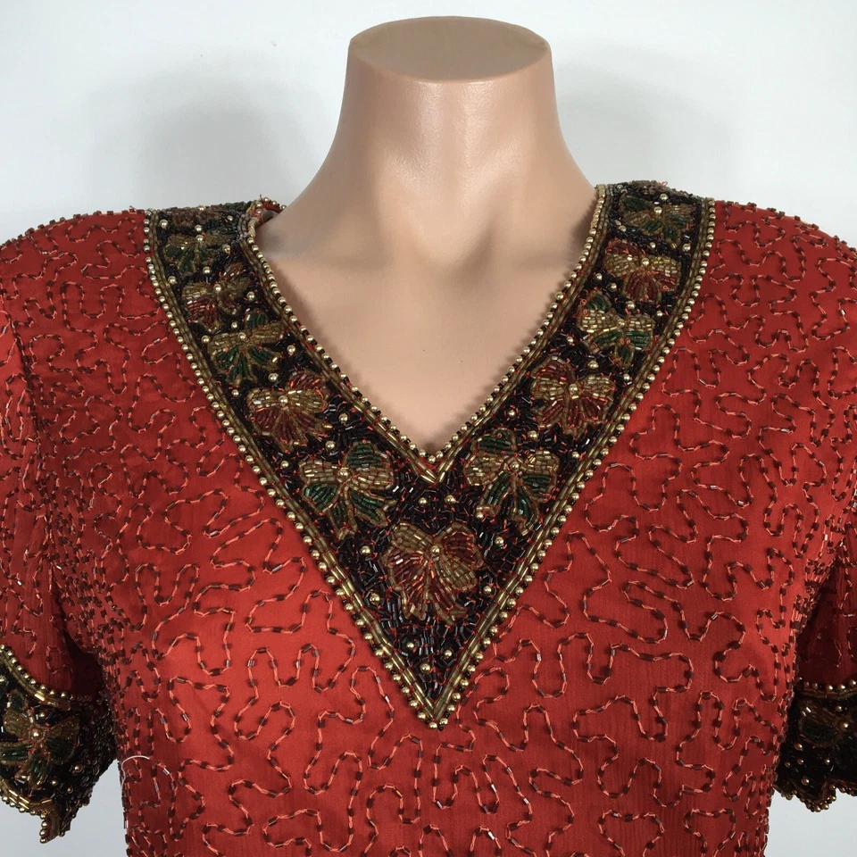 Laurence Kazar Red Gold Flapper Beaded Evening Formal Silk SEQUIN Gatsby VTG S - Image 3 of 4