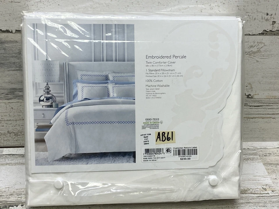 Sky Embroidered Percale Twin Duvet Cover & Sham Set White / Navy Blue New - Image 3 of 4