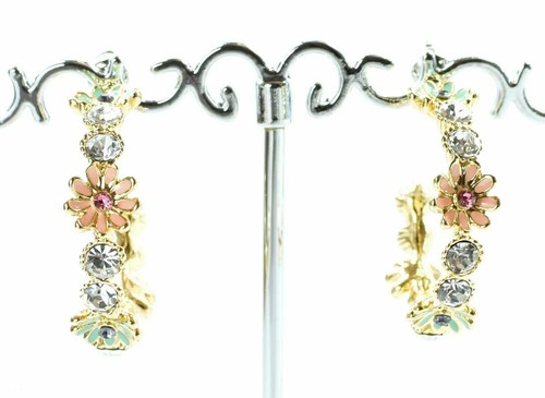 Gold Tone Crystal Cubic Zirconia Diamante Enamel Hoop Earrings Ear Stud Design - Picture 4 of 5