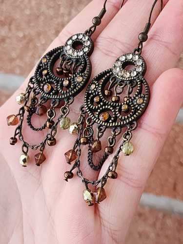 Premier Designs PD Drop Dangle Tassel Beaded Crystal Rhinestone earrings Brass - Picture 6 of 14