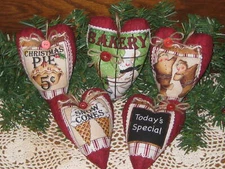 5 Snowmen Hearts Red Fabric Country Christmas Decor Ornaments Wreath Accents