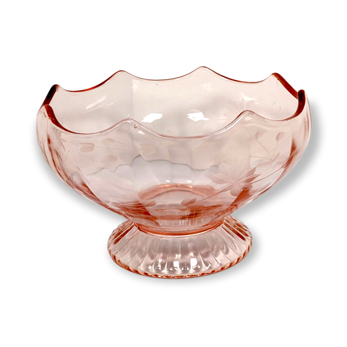 Pink Depression Glass Bowl Scalloped Top Compote Floral Etched