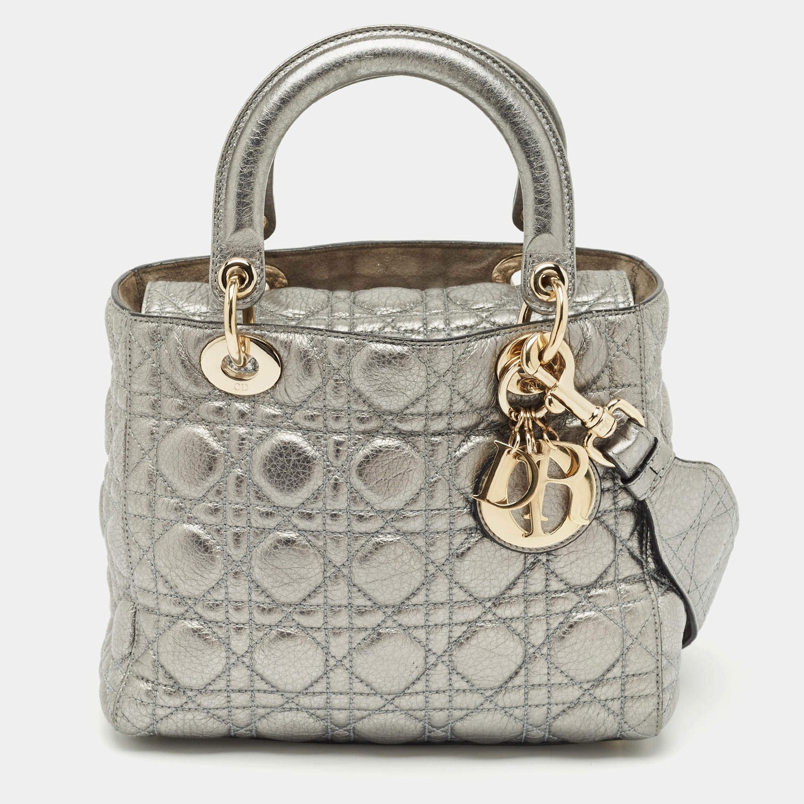 Dior Metallic Grey Cannage Leather Medium Lady Dior Tote