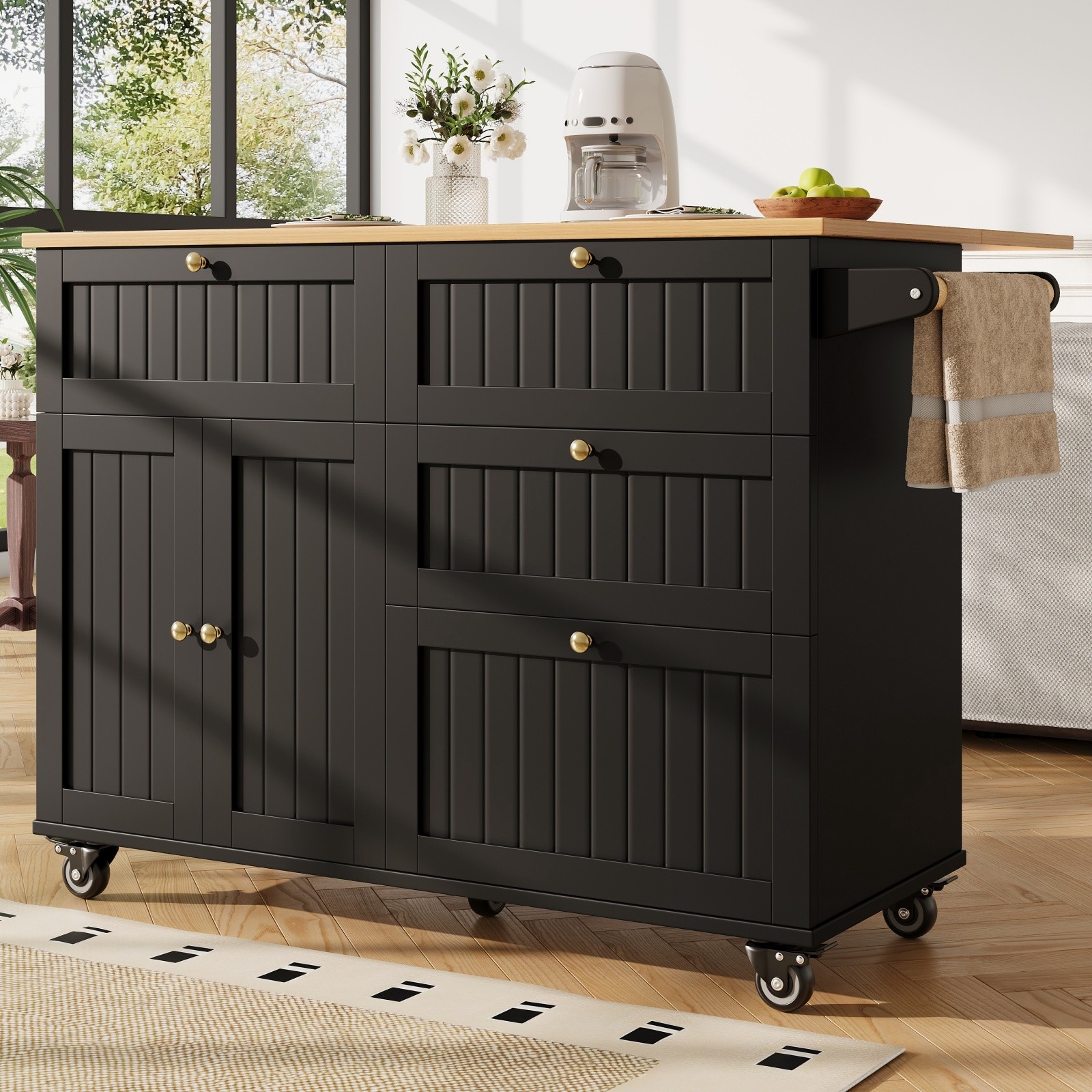 Rolling Kitchen Island with Drop Leaf Top, 3 Storage Drawers & Towel Rack, Black