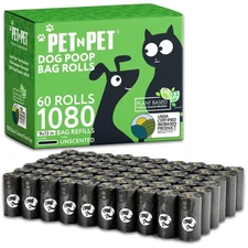 Pet N Pet 1080 Counts Black Poop Bags for Dogs, 38% Plant Based & 62% PE Extr...