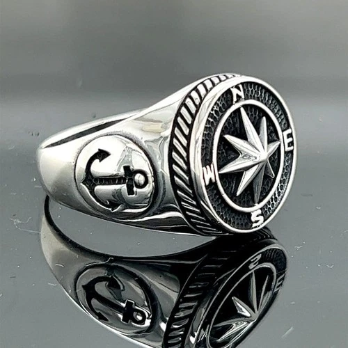 Men 925 Silver Handmade Compass Sterling Ring