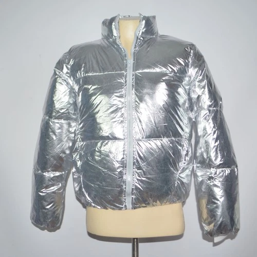 NWT FOREVER 21 Full Zip Silver Metallic Puffer Jacket Sz S video thumbnail
