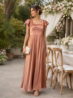 Azazie Satin Flutter Sleeve Bridesmaid Dress Size 4 Champagne Formal Gown