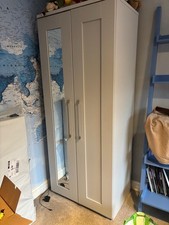 Grey 2 Door Mirrored Freestanding Wardrobe Hinged Rail Shelf 183x76x52