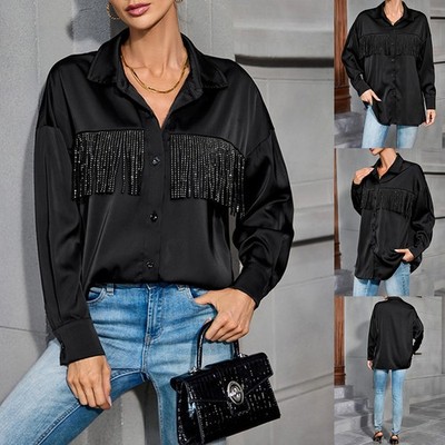 Damen Elegant Langarmshirt Freizeit Hemd Top Schwarz Bluse mit Quaste und Strass