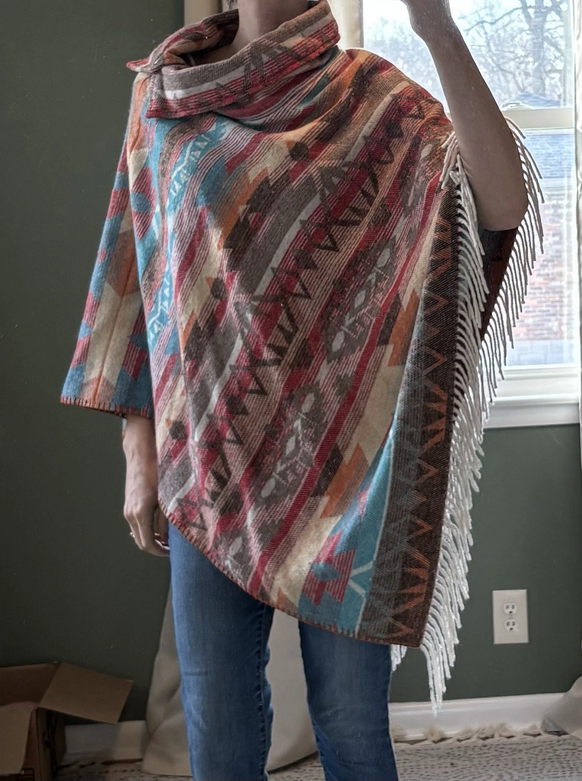 Rhonda Stark Southwestern Aztec Wool Blend Poncho USA Style