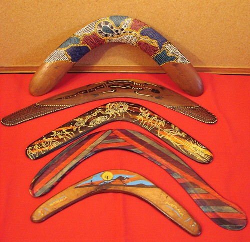 5 - Handmade, Handpainted Wood BOOMERANGS - **see pictures & descriptions**