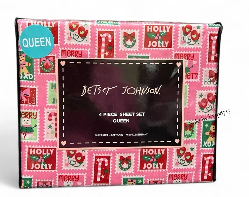 Conjunto de lençóis queen pão de gengibre de Natal 4 peças novo com etiquetas selo rosa Betsey Johnson - Imagem 2 de 3