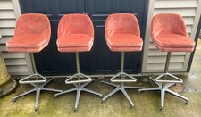 Vintage Retro Peach Velvet Swivel Bar Stools Aluminium Base x 4