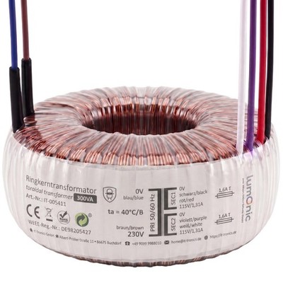 Ringkerntrafo Transformator 300VA, Primär 230V AC, Sekundär 2x 115V AC oder 1x 2
