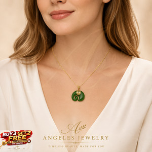 Authentic Green Jade Elephant Shape Pendant Necklace 18K Gold Plated Chinese Ruyi Charm