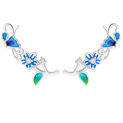 Ohrringe aus Sterlingsilber mit CZ Blumen und blauem Emaille Schmetterling, Cuff