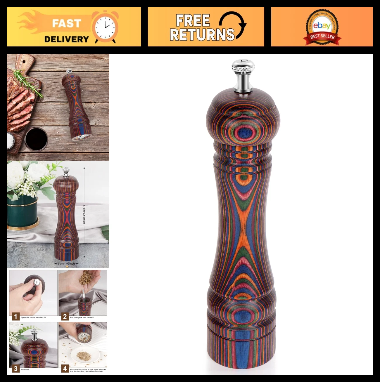Adjustable Wooden Pepper Mill Grinder - 7 Inch Refillable Spice Shaker, Coarse t
