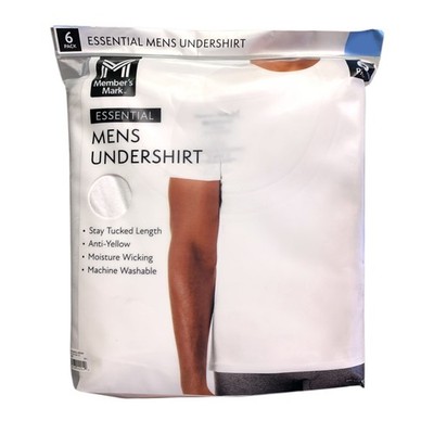 Member's Mark Essential Mens Undershirts, Stay-Tucked Length, 100% Cotton