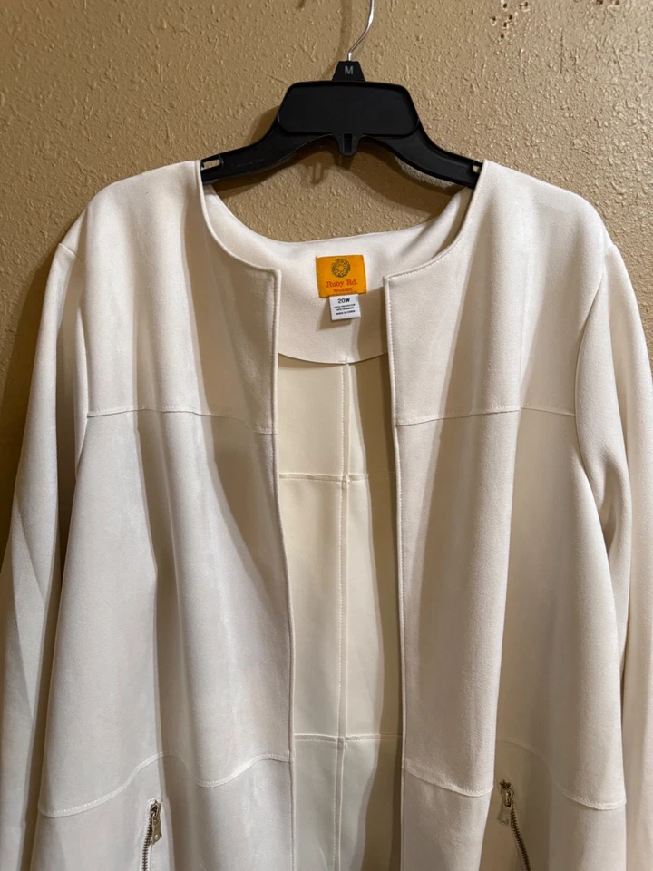 RUBY RD FAUX SUEDE LEATHER OPEN FRONT JACKET SZ 20W OFF WHITE 3/4 SLVS STRETCH - Image 2 of 4