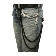 Men Black Metal Wallet Chain Links 2 Strands Keychain Jeans Pant Loop Clasp Ring