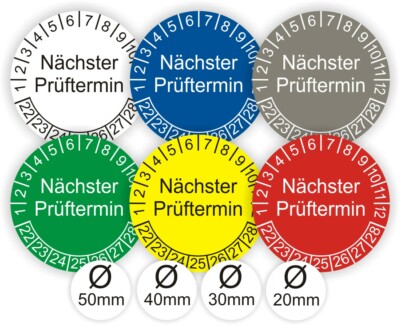 Prüfplaketten Nächster Prüftermin UVV DGUV Ø:20-50mm UV-RESISTENT-KRATZFEST B31