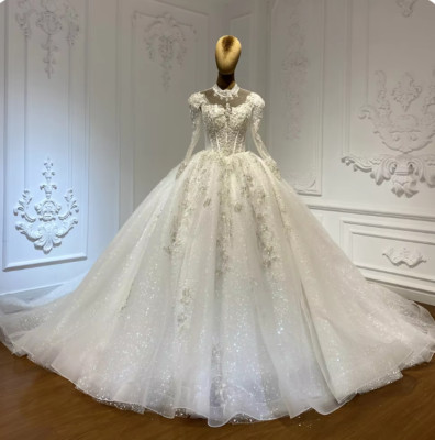 New Luxury High neck Bride Dress With Train Ball Gown Princess Wedding Gowns