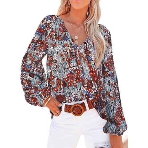 Yihaojia Women's Boho Floral Print V-Neck Long Sleeve Tunic Top - Plus Size Blouse - View #2