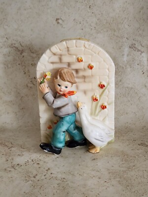 Vintage Erich Stauffer 3D Wall Hanging Art Boy With  Geese S8399 Hummel Like 
