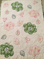 Pottery Barn Kids Floral Patchwork Crib Quilt Blanket Pink Green Birds Flowers