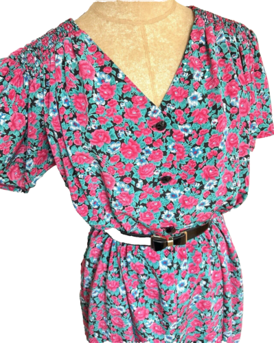 Vintage Kleid Blumenmuster rosa grün schwarz voller Rock Passform modern 12 14 - Bild 4 von 12