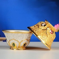 1pcs Gilt Buddha Bowl Sanskrit Handicraft Alloy Tibetan Holy Water Bowl Tantric