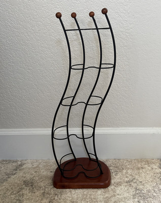 Vtg 22" Wave Style CD Rack Tower Storage Black Wire Wood Base Y2K Retro
