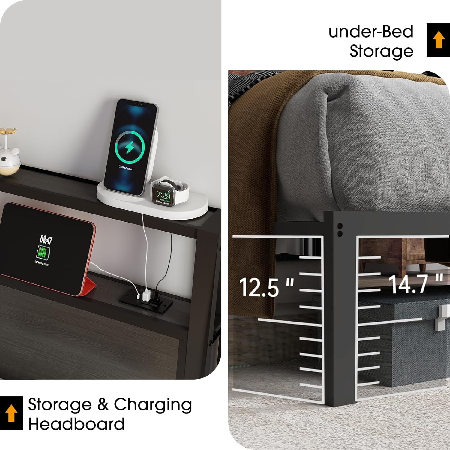 Bed Frame with Headboard, Metal Platform LED Lights & Charging Station