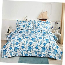 Marine Life Bedding Turtle Quilt Size Coastal Bedspread Beach King Blue White