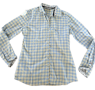Zauberhafte hellblau-beige karierte Lucky de Luca Langarm-Bluse, Gr. M