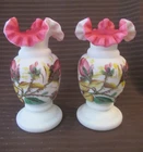 Pair~Vintage LG Wright PeachBlow Vases Milk Glass Hand Painted MOSS ROSE 8"
