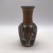 Vintage Denby Langley Stoneware Vase 7” 1970s Hand Painted Leaf Design Pottery