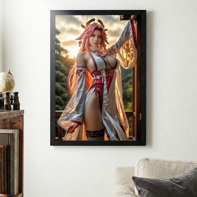 Yae Miko Poster   Genshin Impact Wall Art Print, Anime Shrine Maiden Decor