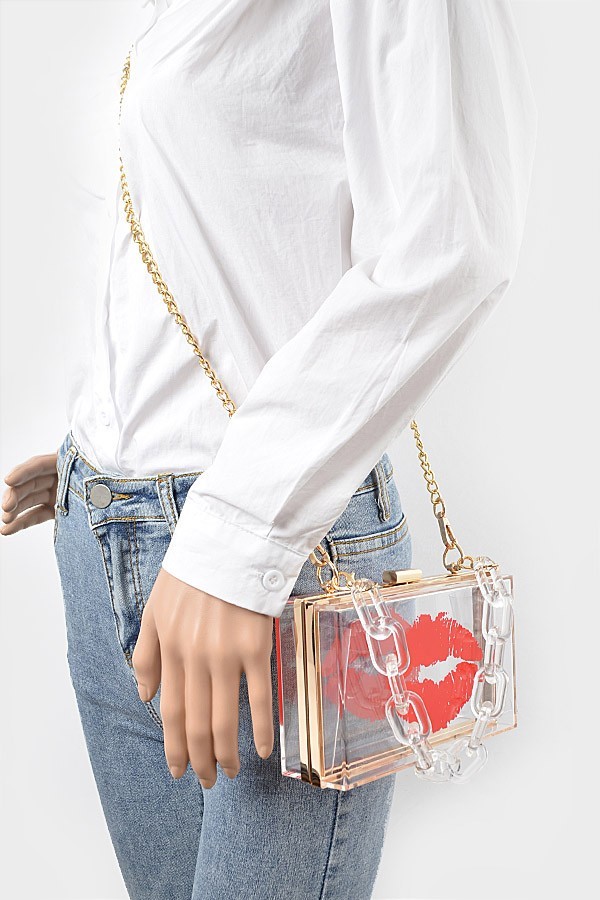 BNWT Brand New Transparent Kiss Lip Print Acrylic Top Handle Box Clutch Bag View 4