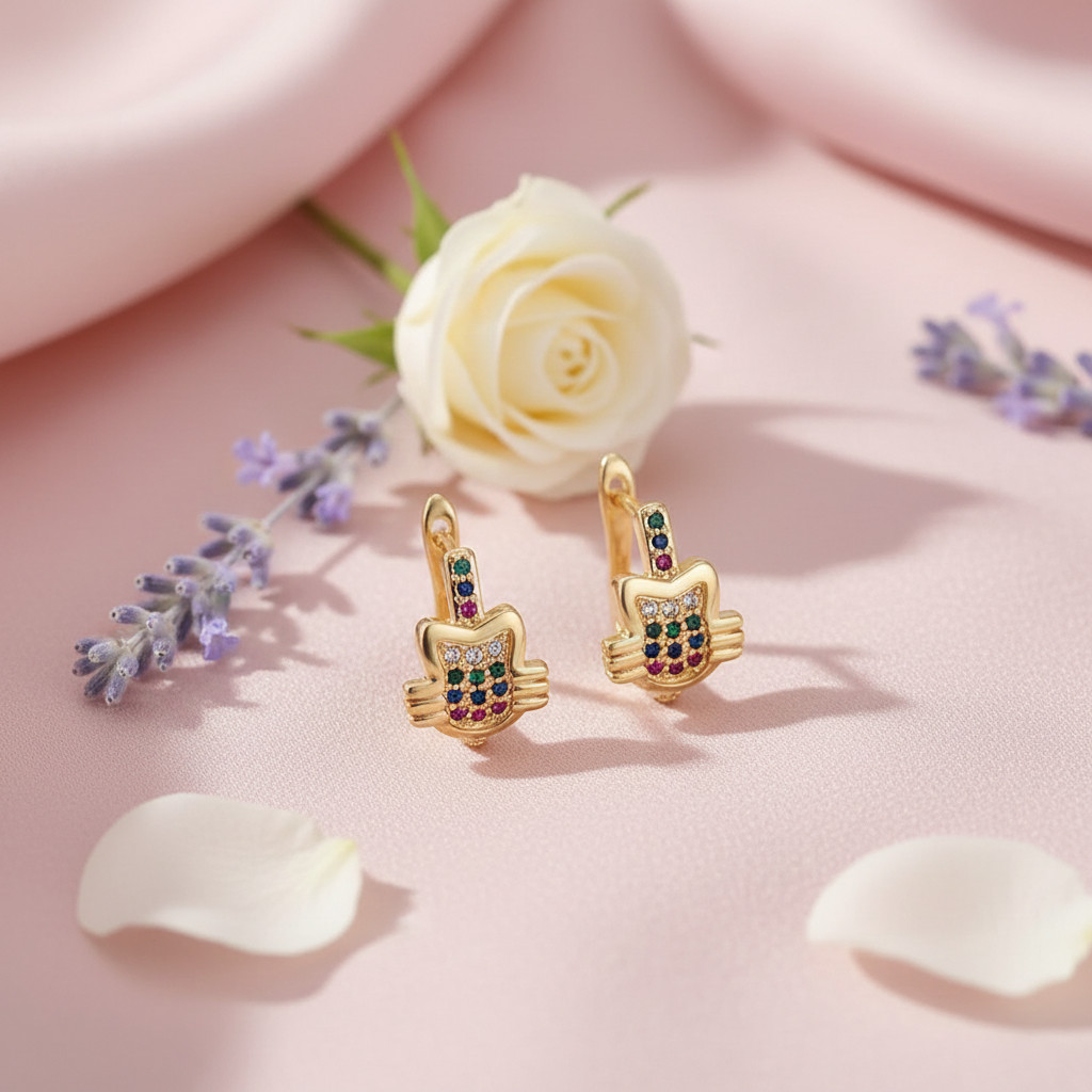Créoles chat en plaqué or jaune 750 pour enfant avec cristal de haute joaillerie