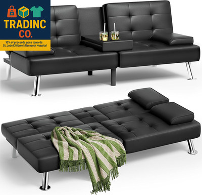 Faux Leather Futon Sofa Bed Futon Couch with Removable Armrests Adjustable Sleep