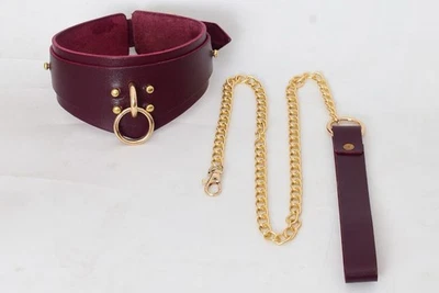 LONDON KNIGHTHOOD Genuine Leather Burgundy BDSM Collar Bondage Padded Choker with Chain Sub Slave