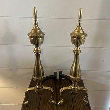Vintage Solid Brass Fireplace Andirons Regency Hollywood Style Pair - Set of 2