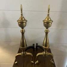 Vintage Solid Brass Fireplace Andirons Regency Hollywood Style Pair - Set of 2