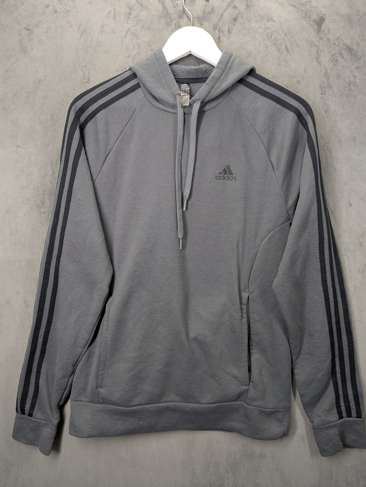 Adidas Hoodie Men’s Size Small 3 Stripes Fleece Lined Long Sleeve Grey Logo
